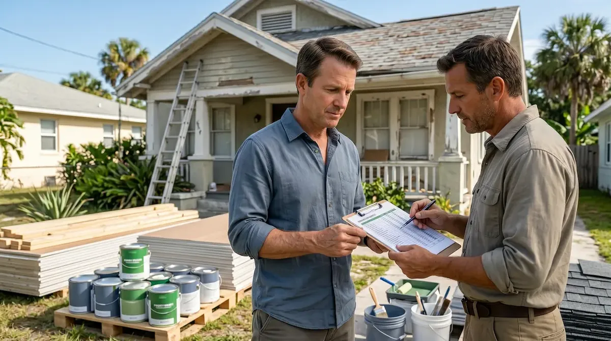 Two men reviewing a renovation plan outside a Florida house