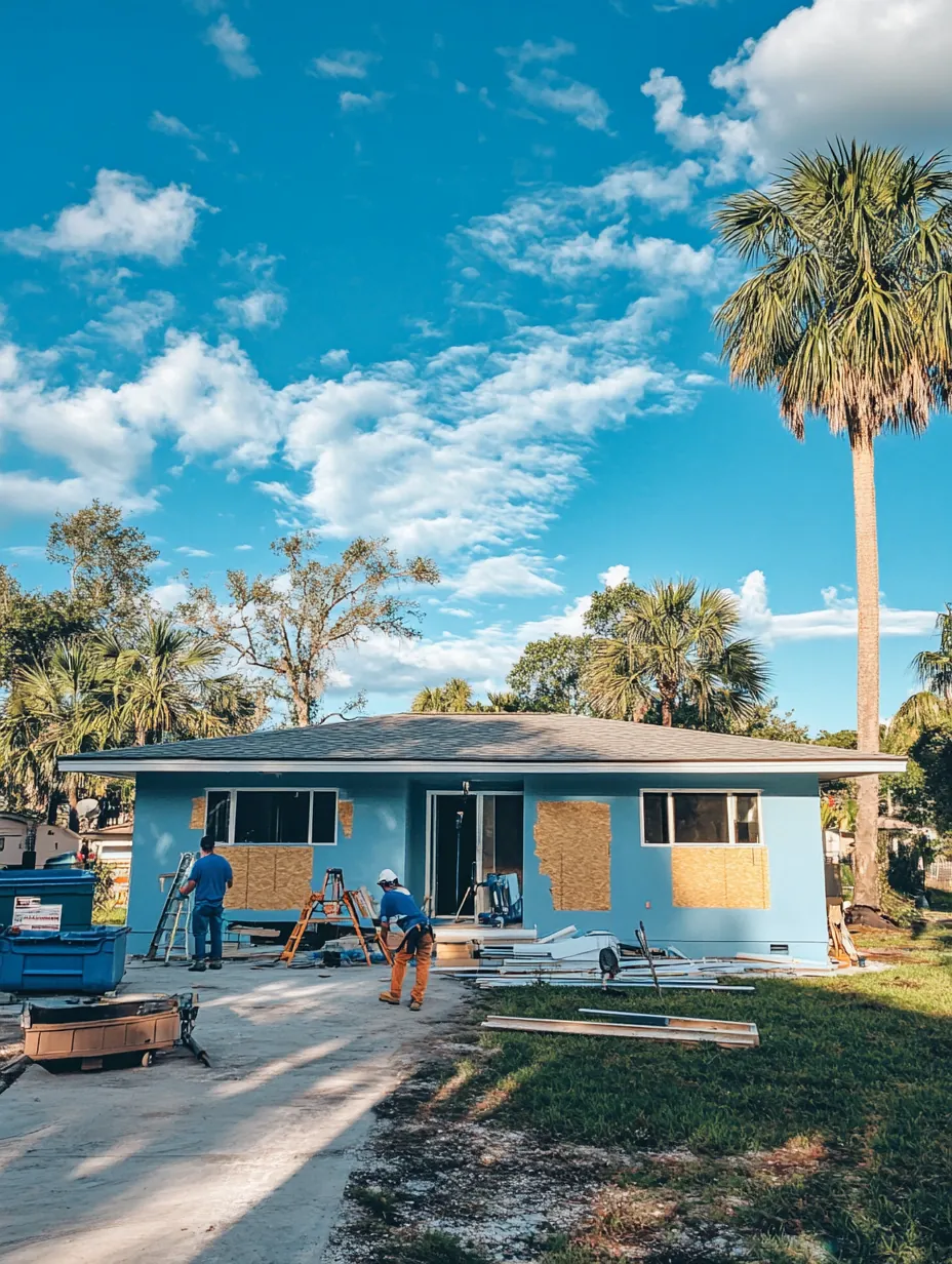House under renovation with workers on site under a blue sky