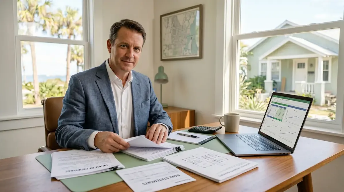 Man reviewing loan documents at a desk with a laptop