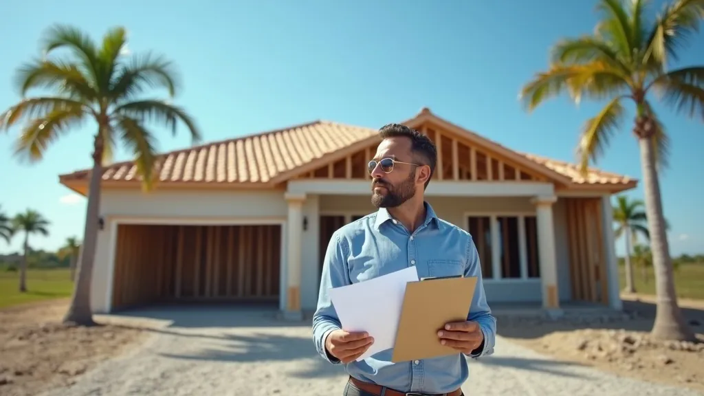 Investor holding papers and a clipboard in front of a new Florida house