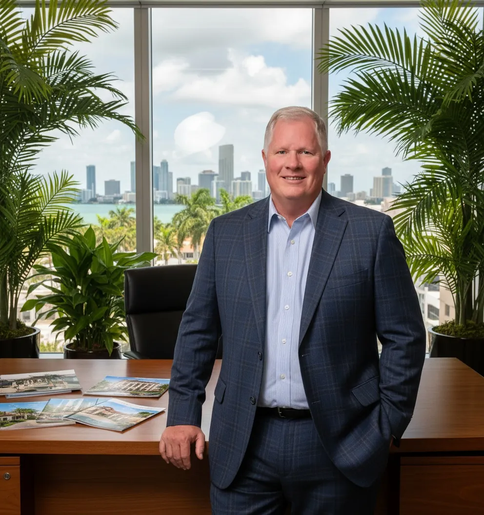Businessman standing in an office with a city skyline behind him