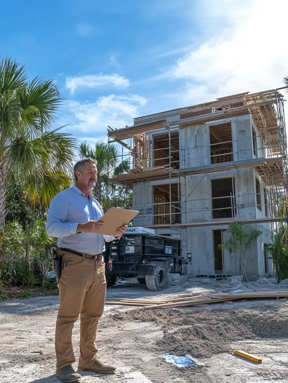 Man in a blue shirt standing at a building under construction
