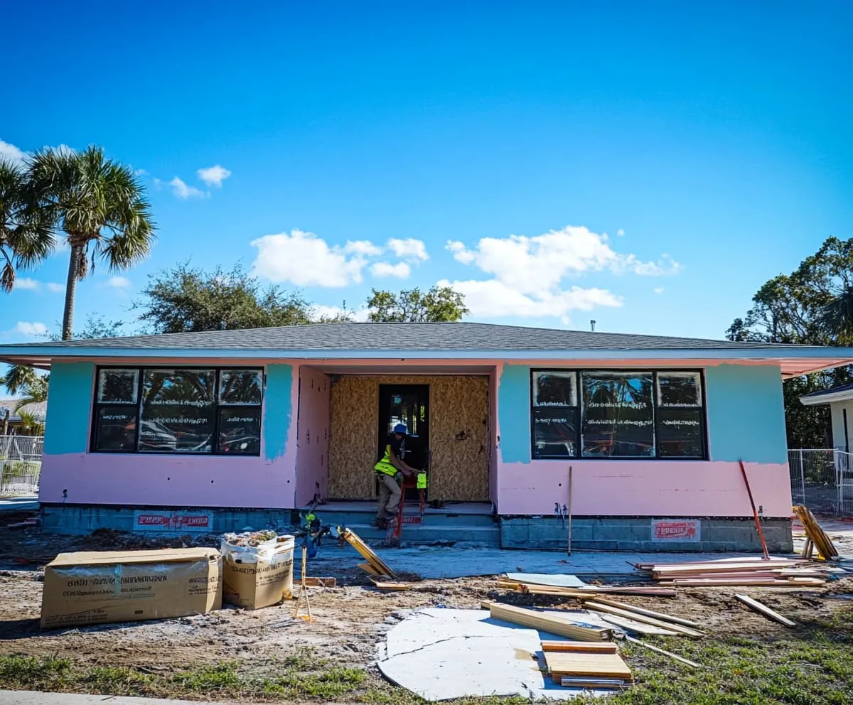 Single-story house under renovation with a blue sky