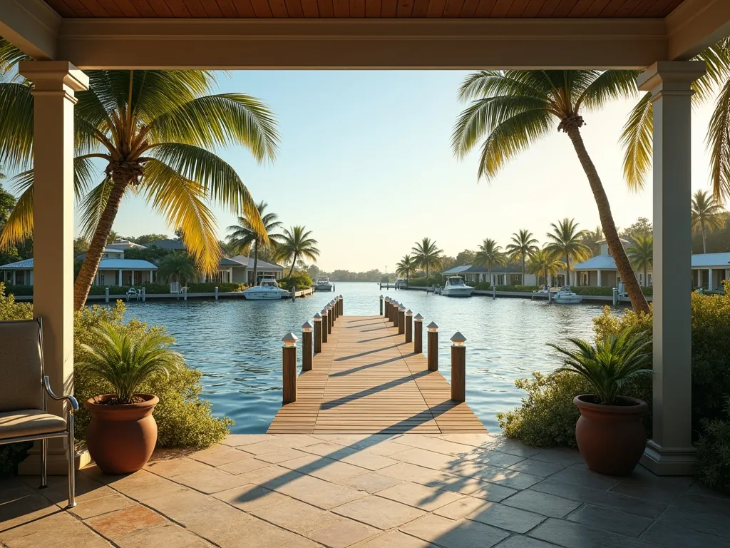 Waterfront dock at sunset with palm trees