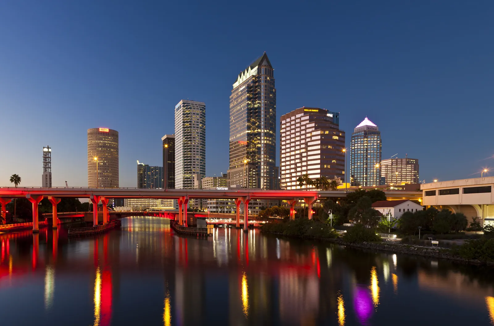 Downtown Tampa skyline and bridge at dusk