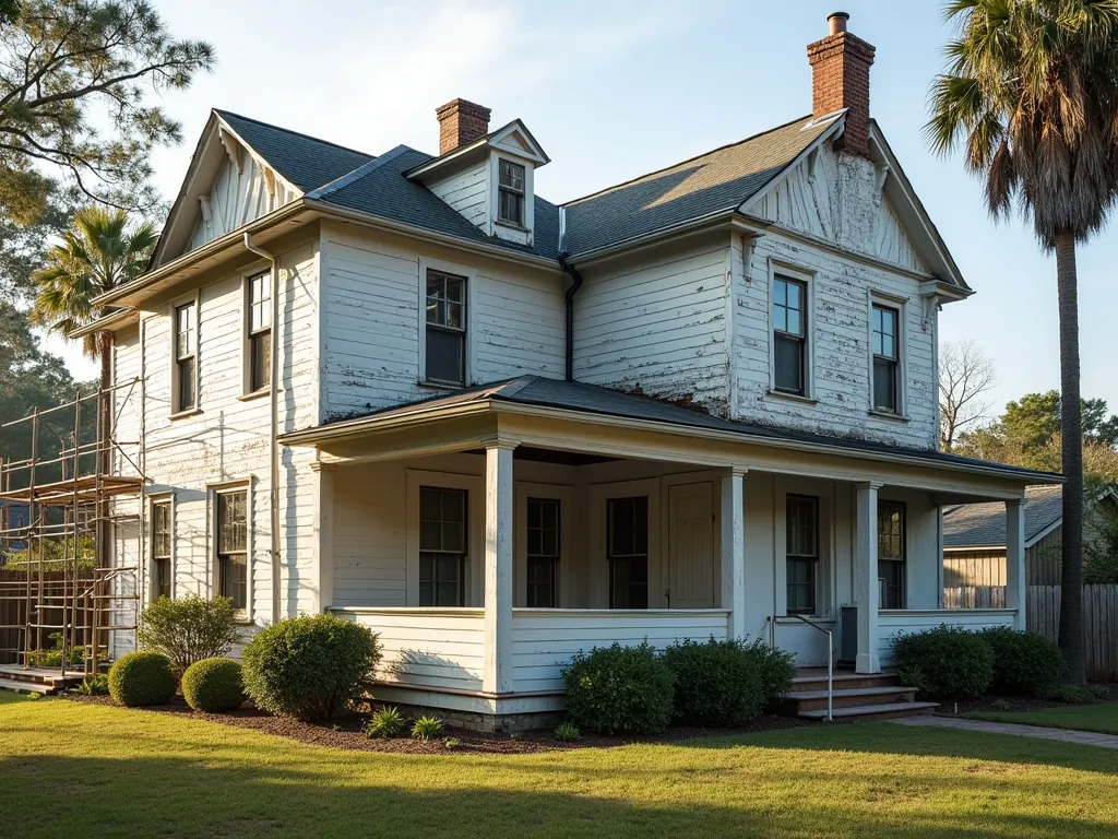Older two-story Florida house with weathered siding