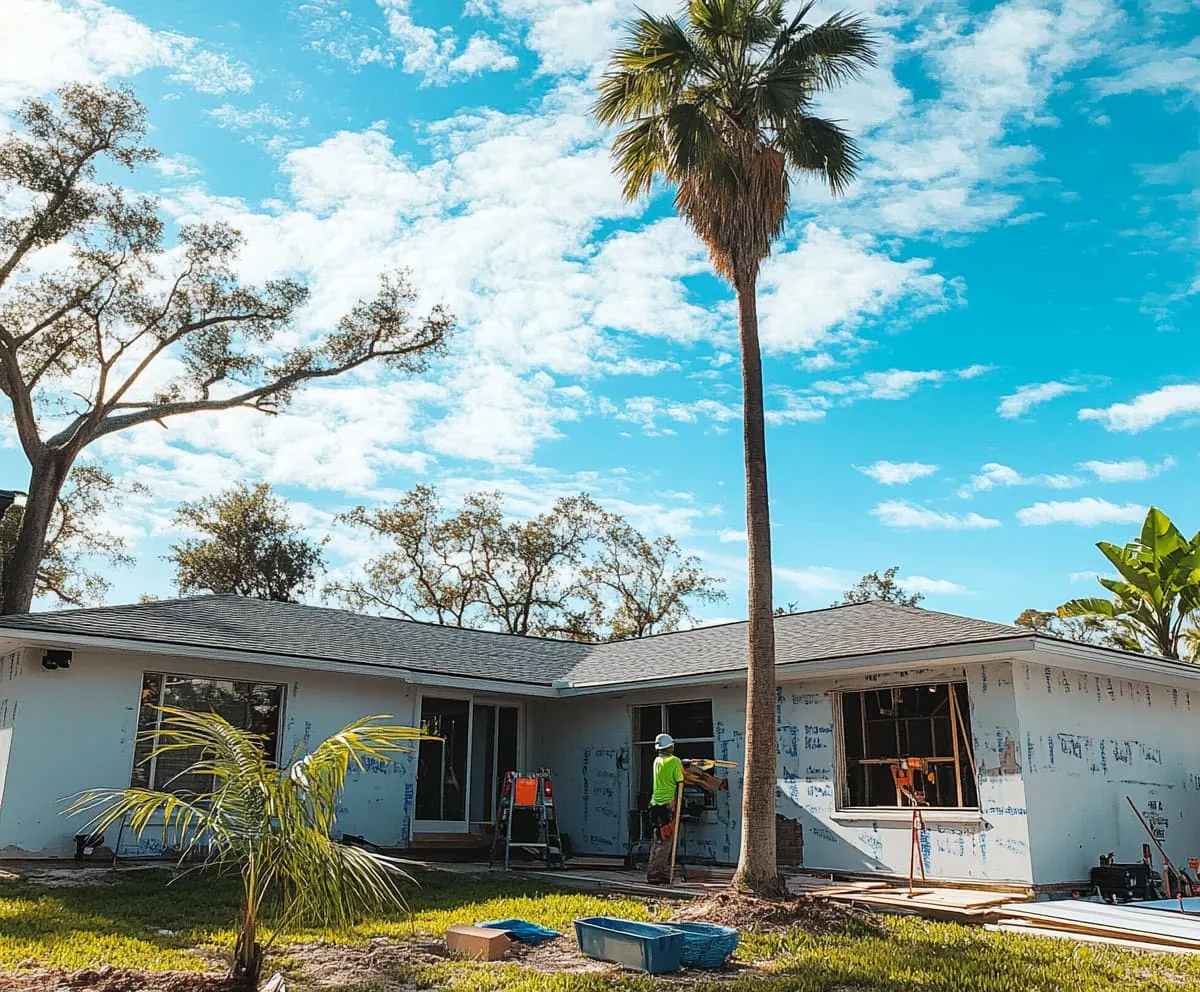 Single-story Florida house mid-renovation under a bright sky
