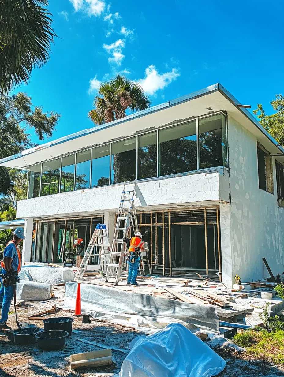 Two-story house under construction with ladders and scaffolding