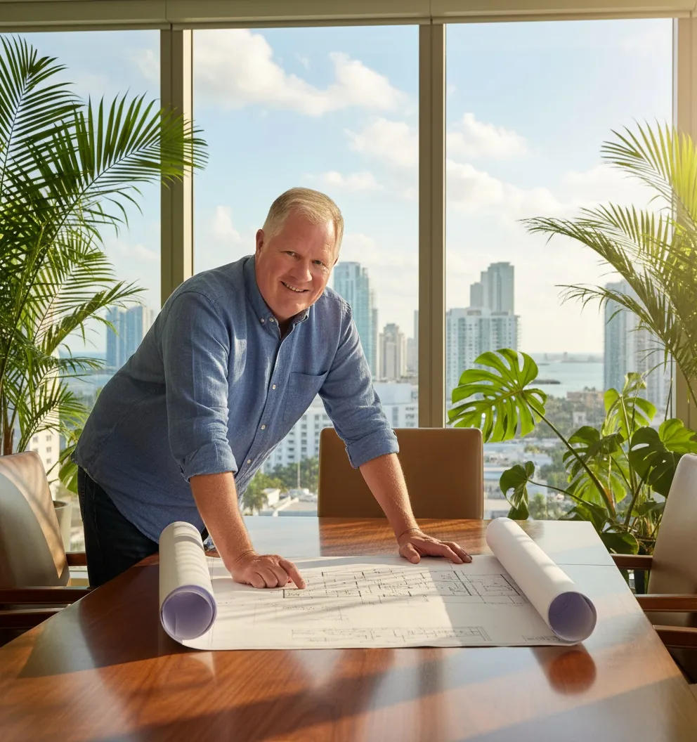Ron Stevenson leaning over building plans at a conference table